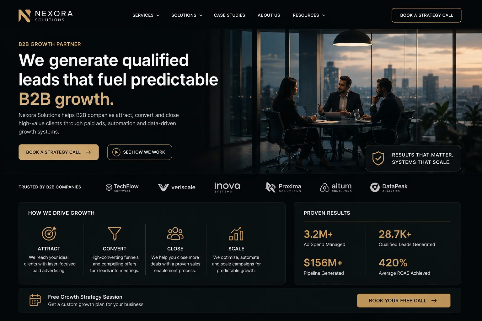 NEXORA: An authority-led B2B offer page designed to turn a complex high-ticket service into a clear route to qualified conversations.