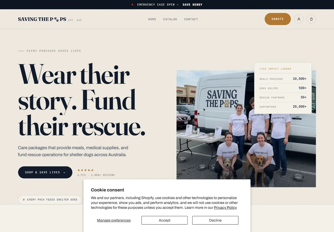 Saving The Pups: A story-led charity website that connects rescue stories, transparent giving and a clear donation path.